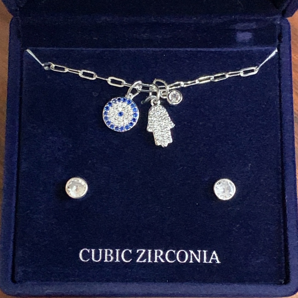 Danecraft fine silver plate cz evil eye necklace/earring set